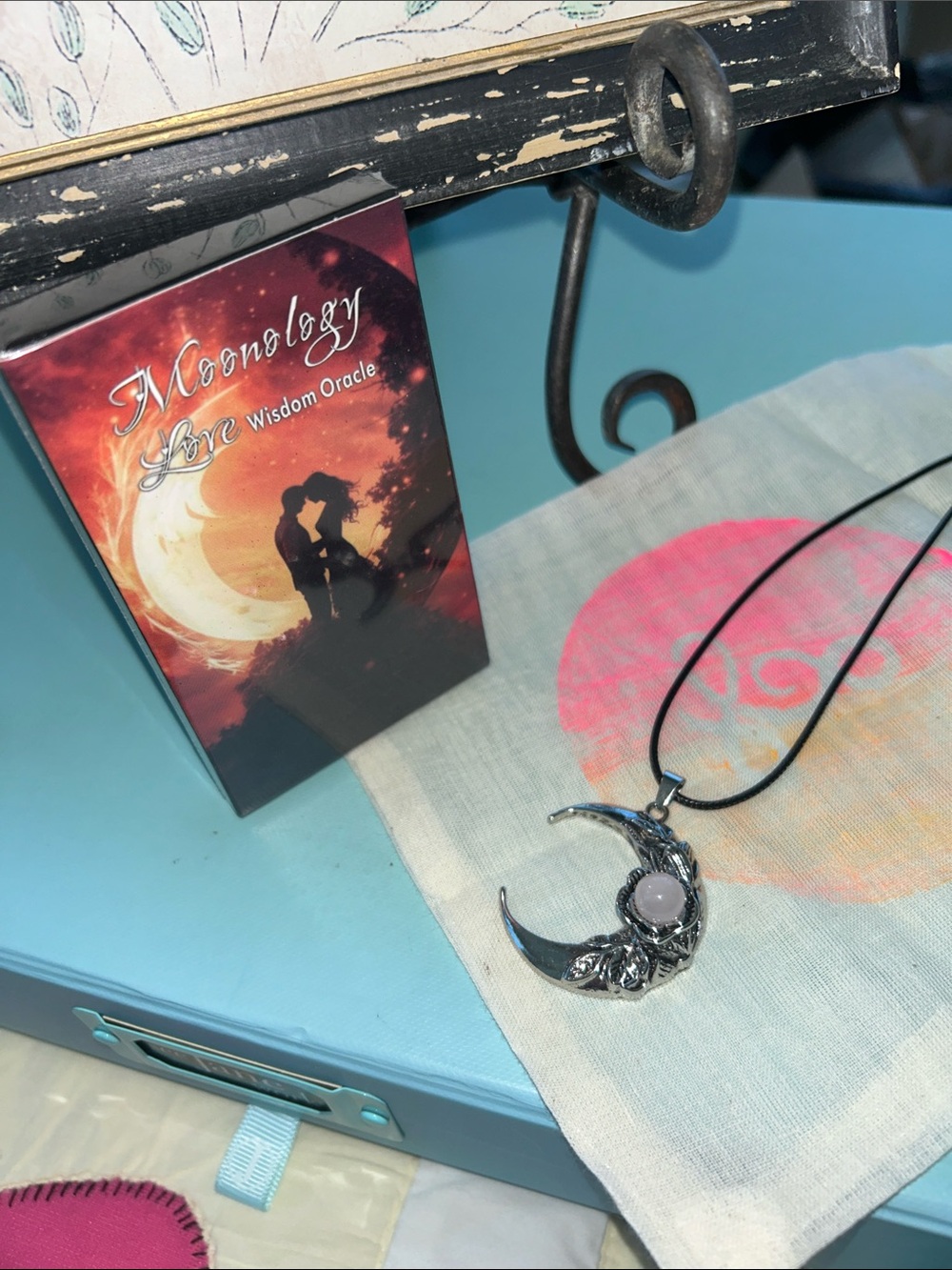 Pale Rose Quartz Crescent Moon Pendant 1.5” Dia with Moonology Love Oracle Cards - Picture 4 of 5
